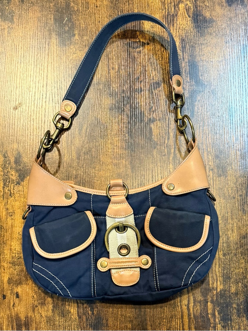 United Colors of Benetton Y2K Navy Canvas Shoulder Bag Utility Pocket Hobo Purse